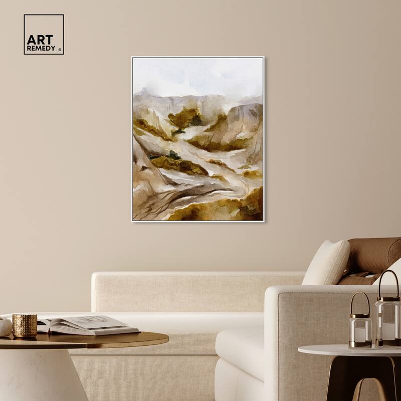 Art Remedy Winter End Rock Mountain Framed Landscape 1 Piece Canvas Wall Art Watercolor Style