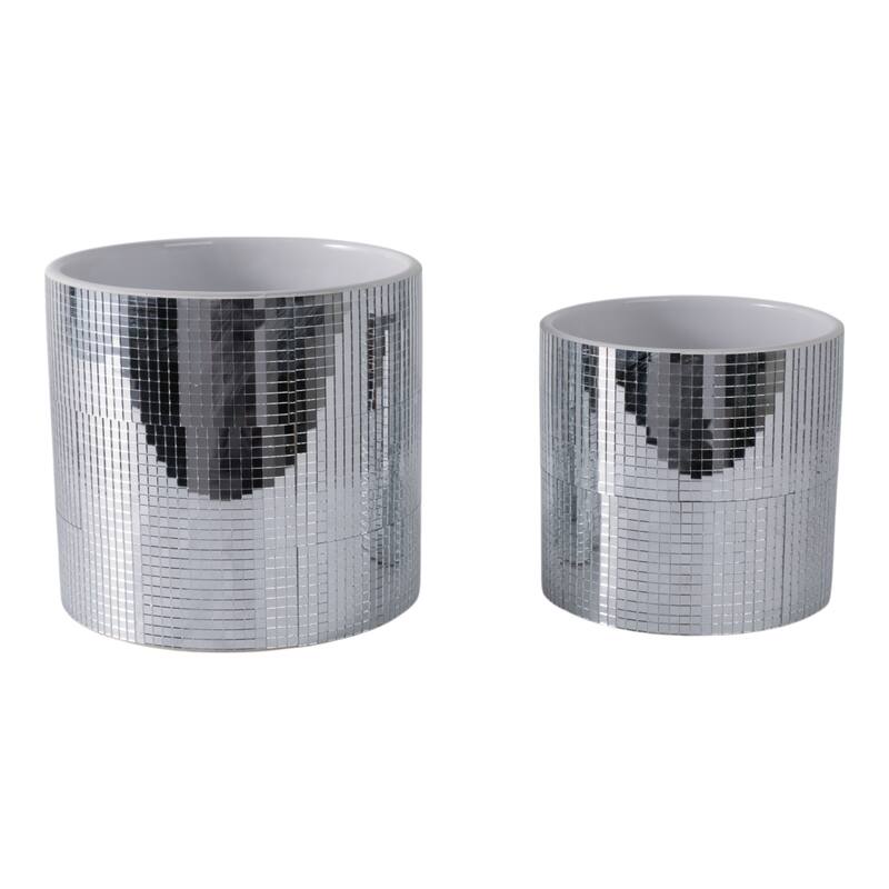 Stoneware Mirrored Tile Metallic Planters (Set of 2) - 7", 6" Silver - 7" x 7" x 7"