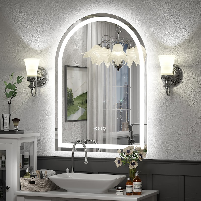 UL Certified Arched LED Anti-fog Tempered Glass Wall Bathroom Vanity Mirror - 36"x26" - Front and back light