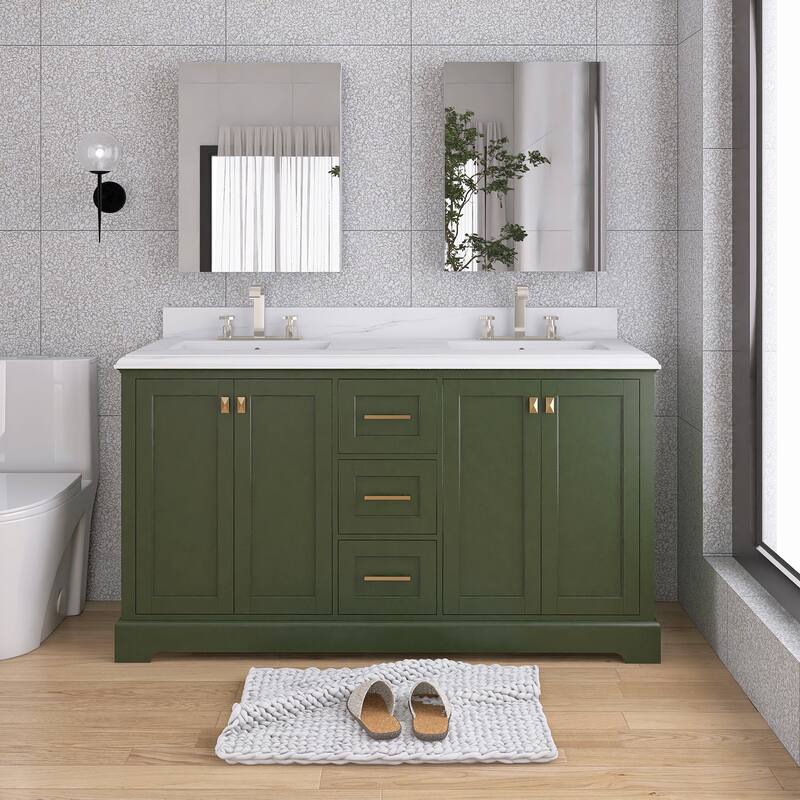 60/72 Inches Plywood Freestanding Bathroom Vanity Set with Drawer and Ceramic Sink - 60 inch - Venetian Green