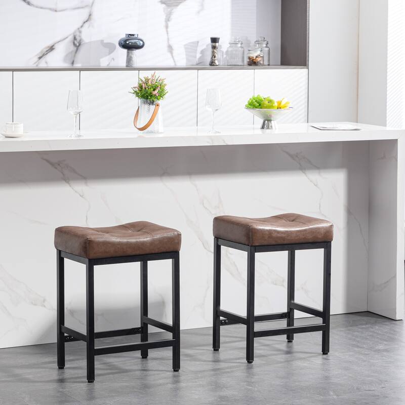 Upholstered PU Leather Bar Stools Set of 2, 24" Counter Height Saddle Bar Stools - Dark Brown