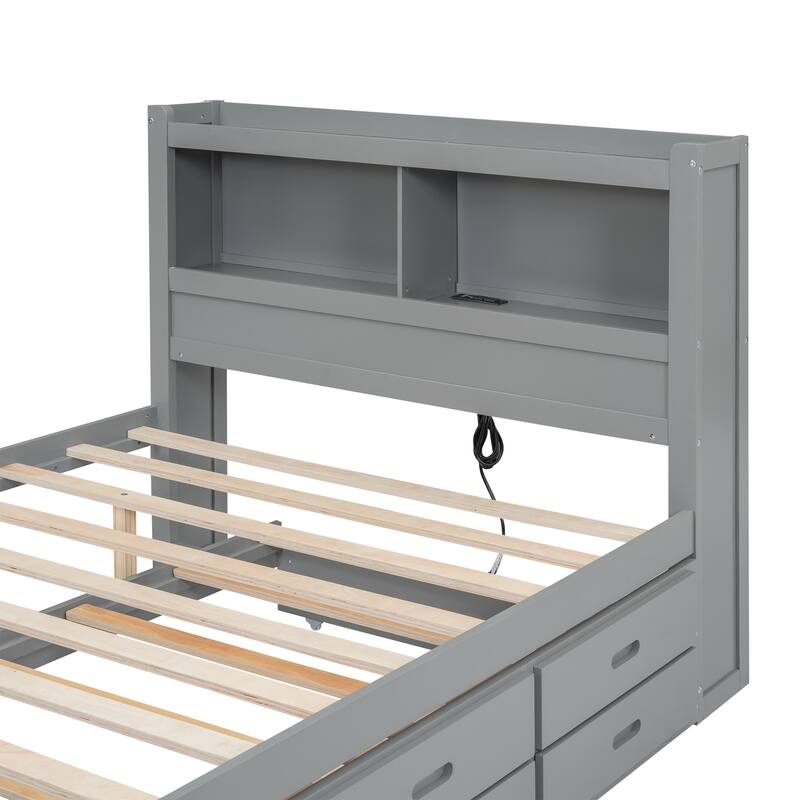 Full Size Storage Platform Bed with Trundle, Drawers and USB Ports in Gray