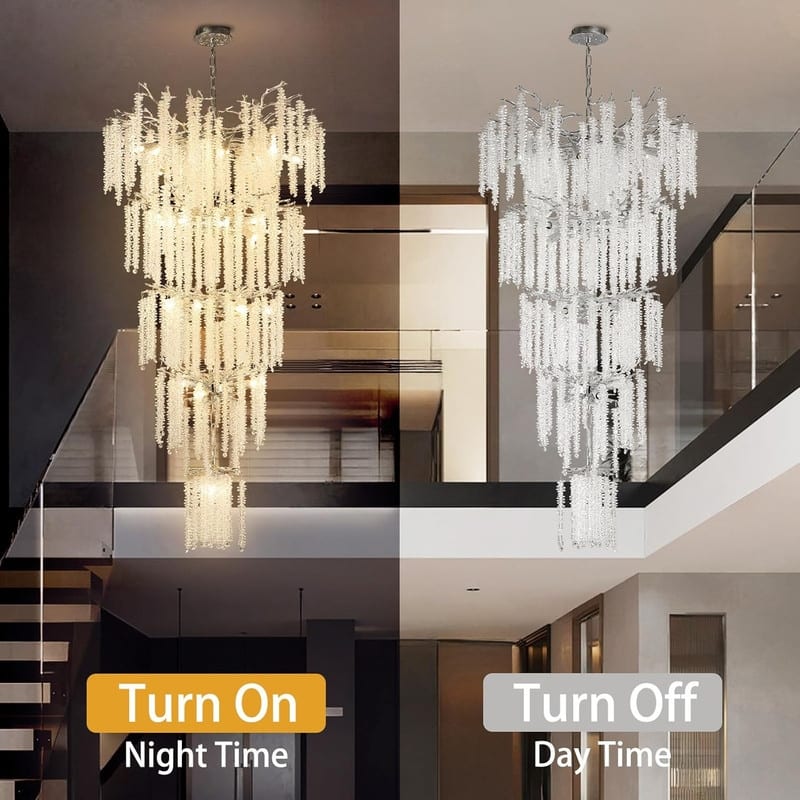 KAYLA 28-Lights Crystal Staircase Chandelier, Indoor Pendant Light, 118'' Modern High Ceiling Light, Height Adjustable - N/A