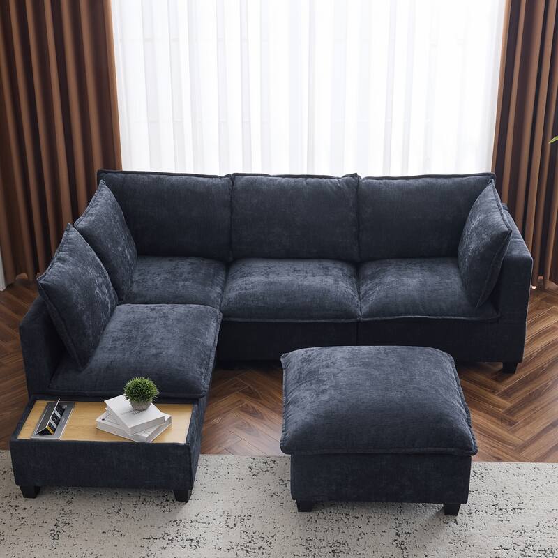 U-Shaped Sectional Sofa with Ottoman, Coffee Table with Hidden Charging Devices, Oversized Chenille Upholstered Cloud Sofa