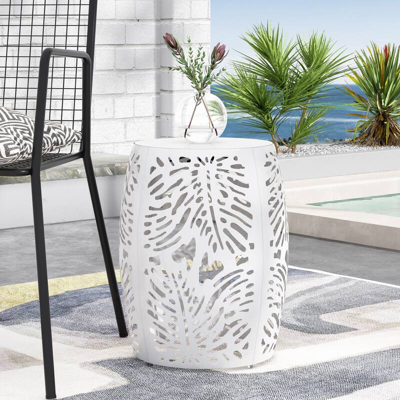 Roomfitters Outdoor Metal End Table - Large, Cutout Leaf Design Accent Side Table for Patio, Garden, or Balcony, White - White
