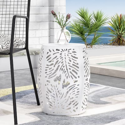 Roomfitters Outdoor Metal End Table - Large, Cutout Leaf Design Accent Side Table for Patio, Garden, or Balcony, White