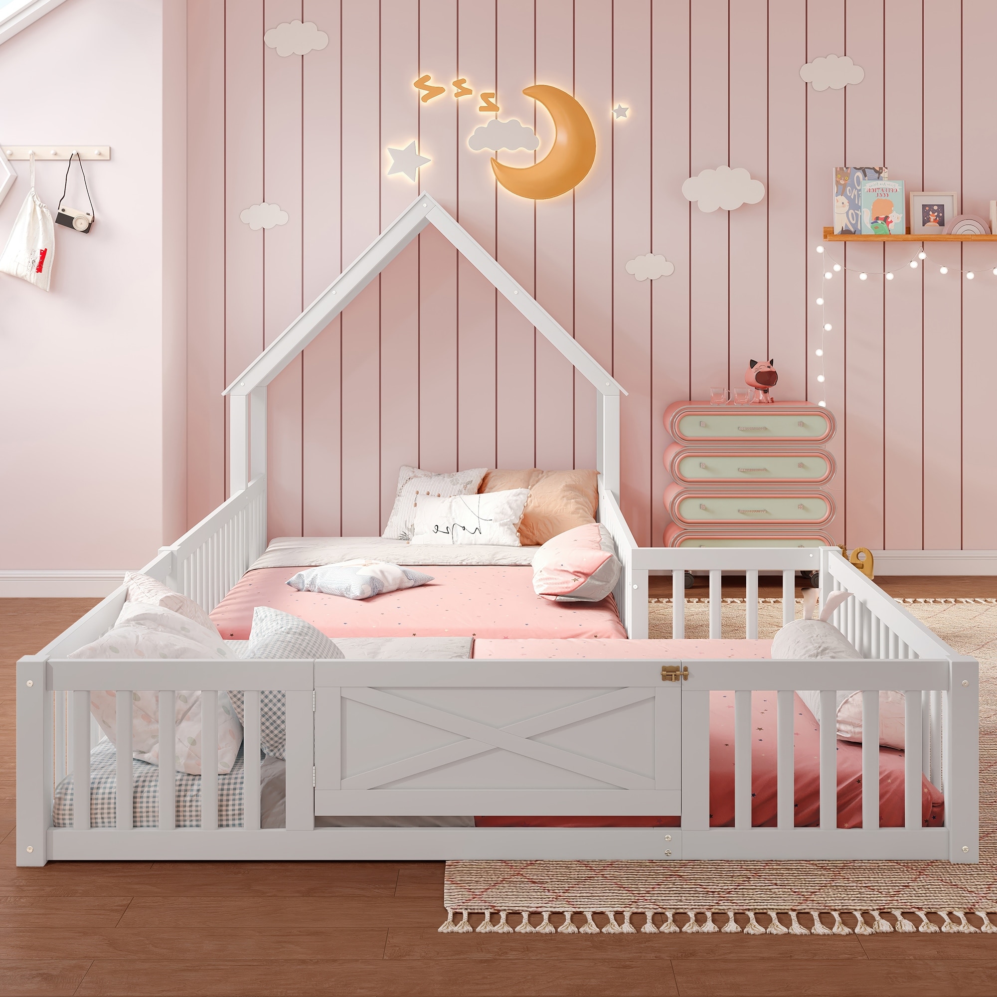 Modern House Floor Bed Frame, Double Floor Beds with Fence and
