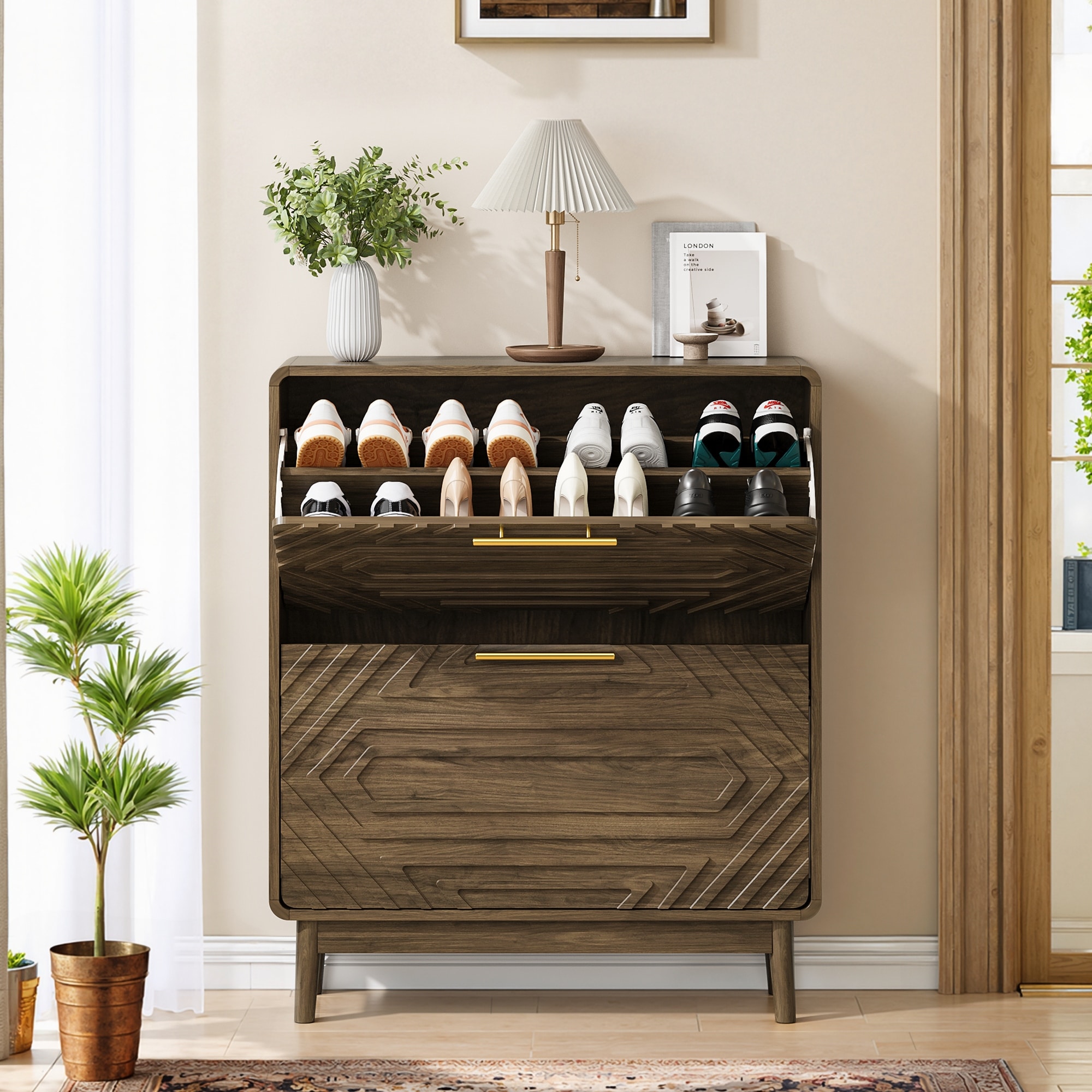 31.5" Walnut Mid-Century Modern Freestanding Shoe Cabinet