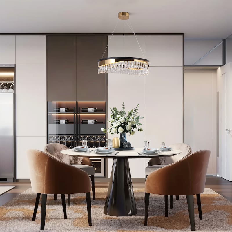 Modern LED Crystal Drum Chandelier Black Gold Hanging Lights for Dining Living Room - D23.5" x H6"