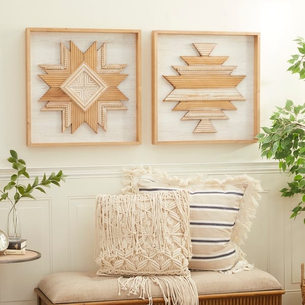 White And Natural Hand Carved Square 2 Panel Wood Wall Decor 24 X 24 Set Of 2 Overstock 32112726