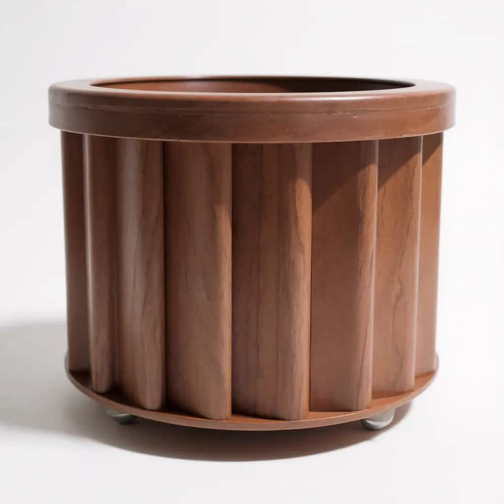 Anmytek Modern Rolling Planter with Wood-Grain Finish & Fluted Detailing, Removable Saucer, Mobile Plant Stand for Living Room