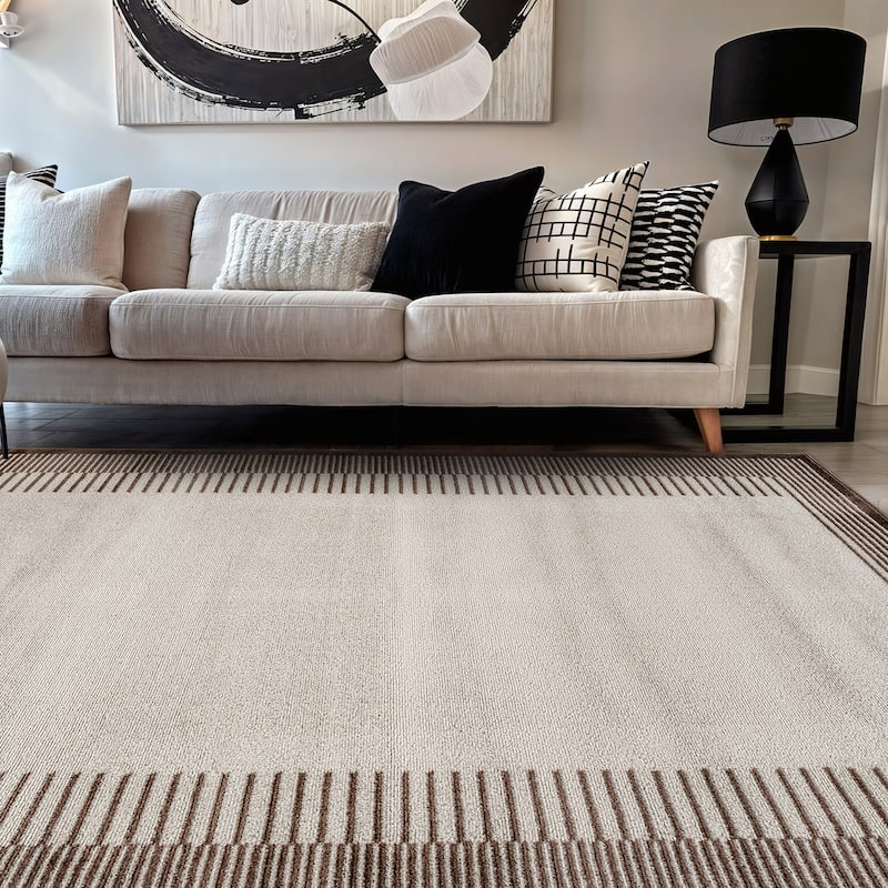 World Rug Gallery Modern Abstract Bordered Area Rug for Living Room, Bedroom, or Entryway - Low Pile Indoor Rug - Brown - Rectangle - 5' x 7'