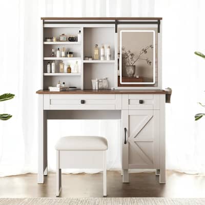 Large Vanity Desk w/ Sliding Mirror, Adjustable LED, Charger & Storage