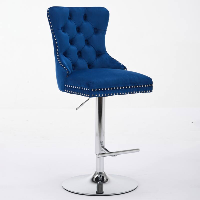 Thick Chrome Swivel Velvet Barstools,Adjustable Height,Modern Upholstered,Sponge&Spring（Set of 2)