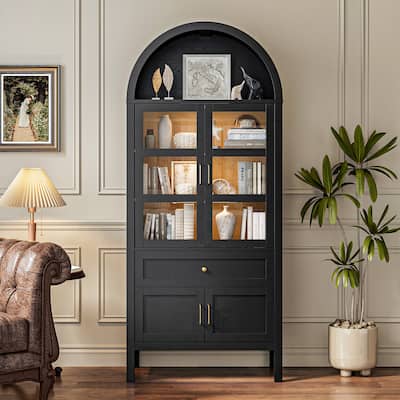 Arched Storage Cabinet With Glass Doors & Auto Sensor LED Lights