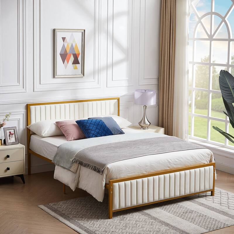 Javlergo Bed Frames with Upholstered Tufted Headboard and Footboard, Heavy Duty Steel Slats Platform, No Box Spring Needed