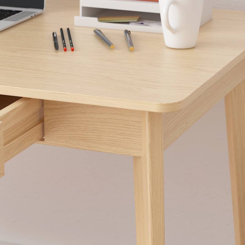 Timechee Beige Wooden Computer Desk, 39" Writing Desk with 2 Drawers