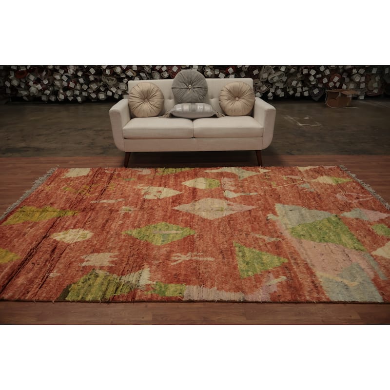 Hand Knotted Oriental 100% Wool Carpet Modern Tribal Oranges & Rust Moroccan Area Rug - 9' 11'' X 6' 5''