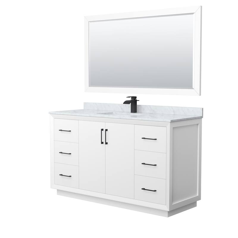 Strada 60-Inch Single Vanity Set, Carrara Marble Top, 58-Inch Mirror - White, Black Trim, Carrara Marble Top