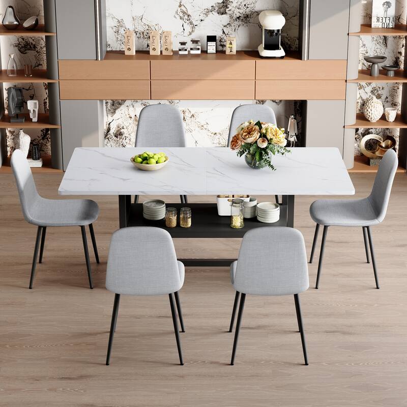 7-Piece Modern Dining Table Set, 71x35.4 Inch Wood Grain Table & 6 High-Resilience Fabric Chairs