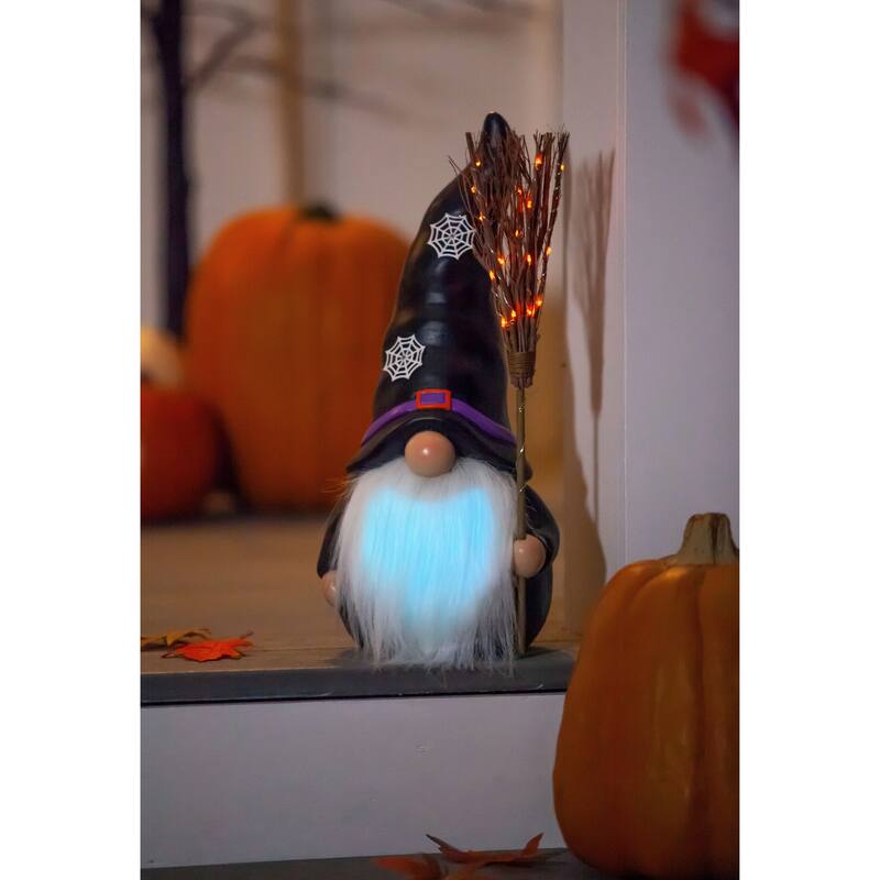16"H LED Resin statuary, Witch Gnome with BlackHhat
