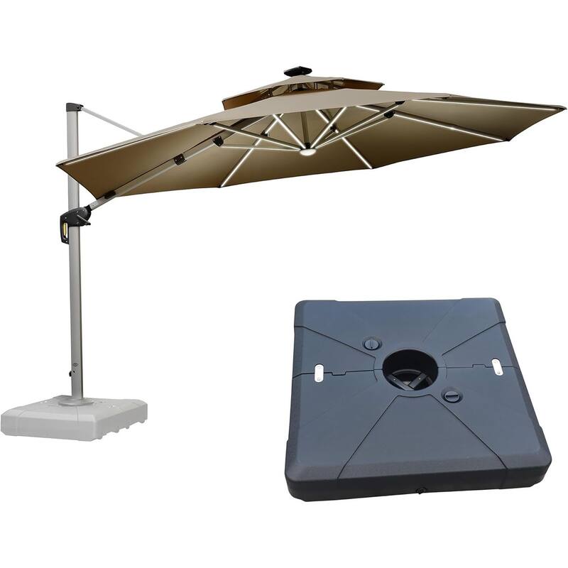 PURPLE LEAF 12 ft Double Top Solar powered LED Round Patio Cantilever Umbrella with Base - Beige