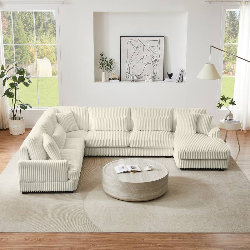129" Oversized Sectional Sofa, U-shaped Sofa Couch Modern Corduroy Upholstered Deep Seat Sofa with Chaise Lounge - Beige