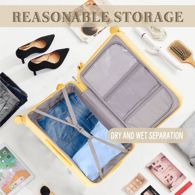 20"/24"/28" 3-Piece Modern Luggage Sets with Cup Holder, USB Port and Phone Holder, for Boarding Travel, Yellow