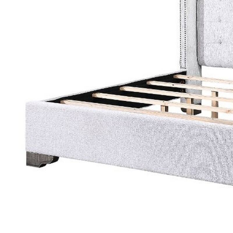 Queen Bed with Full Fabric Upholstery and Tufting, Light Gray