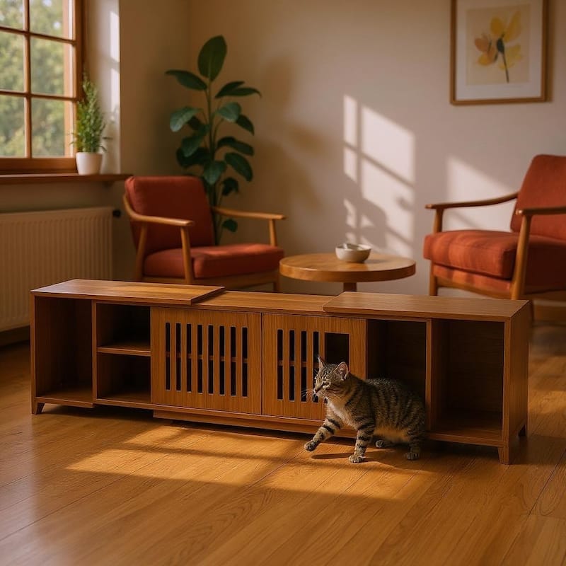 Extendable TV Stand Entertainment Center with Cat House and Litter Box Enclosure