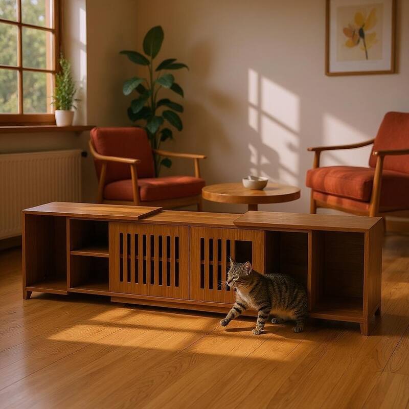 TV Stand with Slatted Doors, Cat-Friendly Private Compartments, Wood Media Console with Adjustable Length