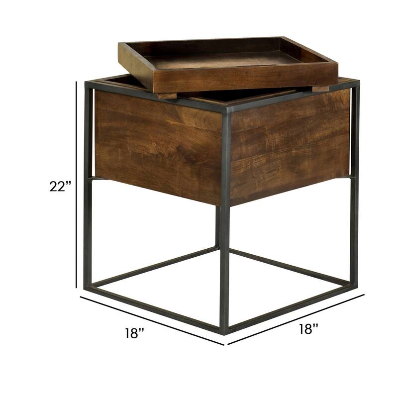 22 Inch Modern Square Accent Table, Removable Tray Top with Storage, Brown