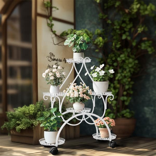European White 6 Tiers Flower Stand with Rolling Wheels heart