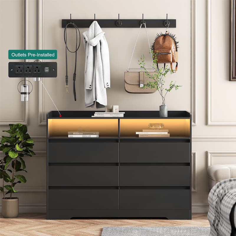6-Drawer Dresser with LED Lights, Modern Dressers with Sturdy Frame for Living Room