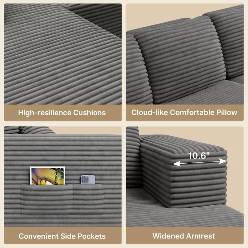 105" Cloud Sectional Couch with L-Shape Chaise, Modular Boneless Sofa, Upholstered Corduroy Couch
