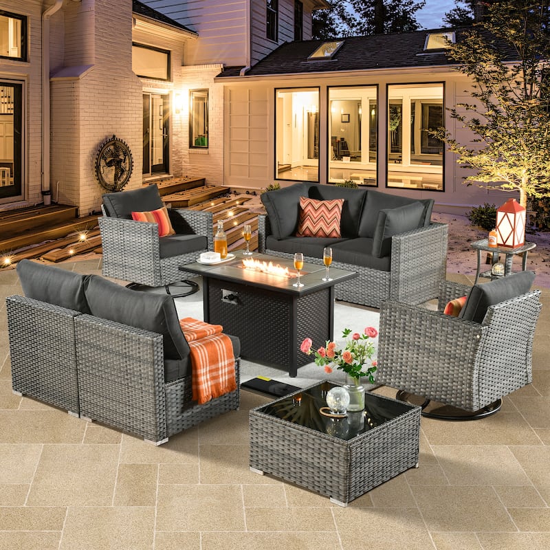 HOOOWOOO 9-piece Grey Rattan Outdoor Furniture Fire Pit Set with Swivel Chairs
