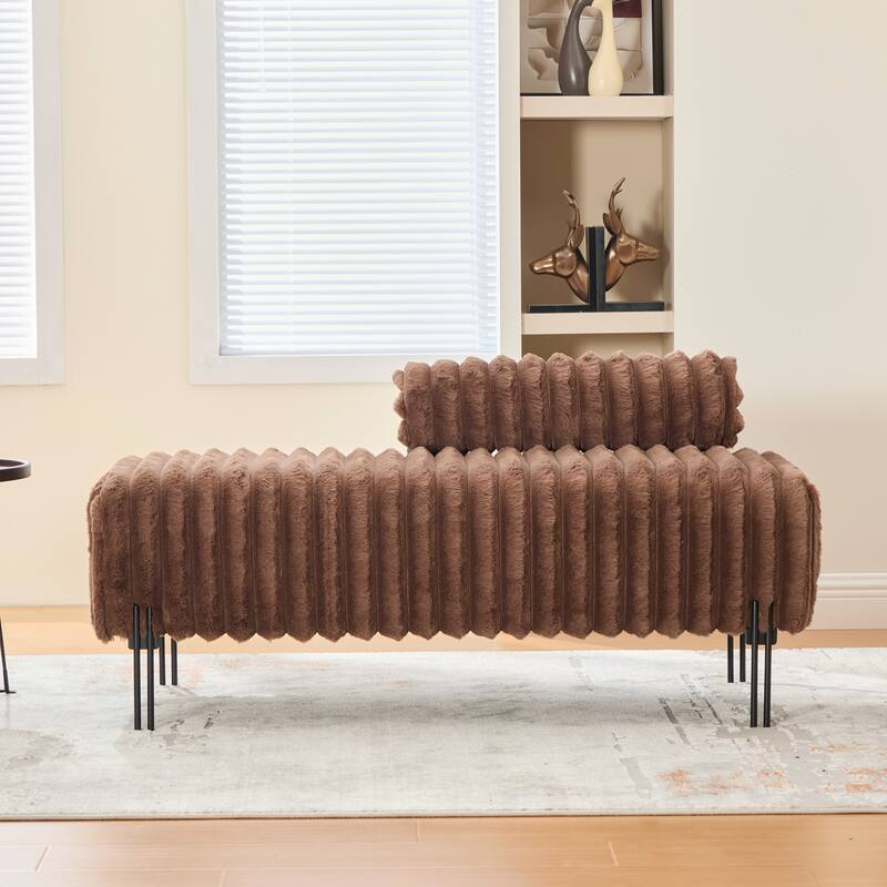 Roomfitters Faux Fur Loveseat Bench, 2-Seater Small Sofa Window Ottoman Footrest with Adjustable Back and Metal Legs - Brown