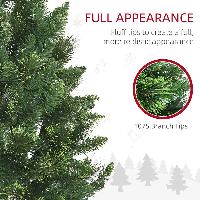 HOMCOM 7.5ft Tall Pencil Artificial Christmas Tree Holiday Décor with 1075 Branches, Auto Open, Steel Base, Pine Needles, Green