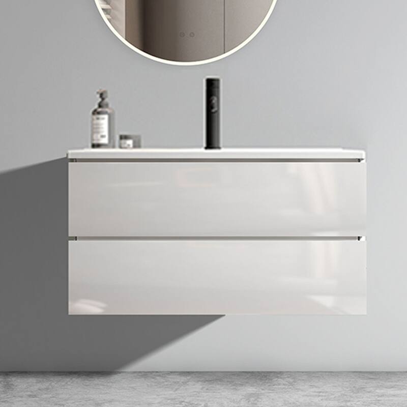 GDFStudio - Tia Wall-Mounted Bathroom Vanity with Ceramic Sink, Soft Close Drawers & U-Shaped Drainage - Glossy White - 36"