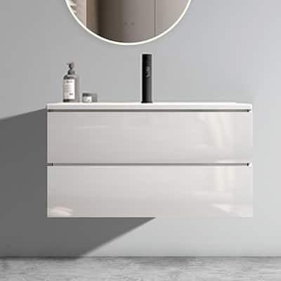 Wall Mount Glossy Bathroom Vanity with Ceramic Sink with Single Hole