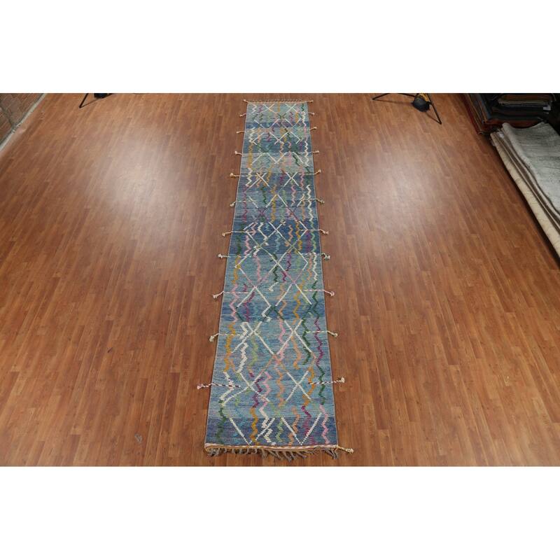 Blue Moroccan Oriental Runner Rug Hand-Knotted Wool Carpet - 2'11"x 16'5"