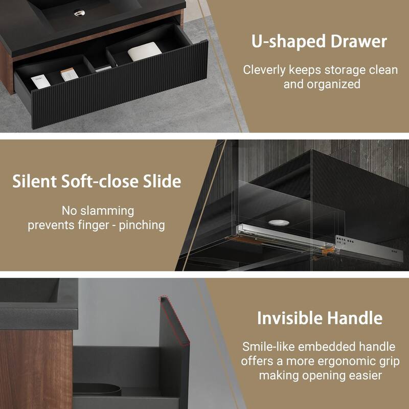 GDFStudio - Dalton 42-Inch Floating Bathroom Vanity with Quartz Sand Basin and Fluted Storage Drawer