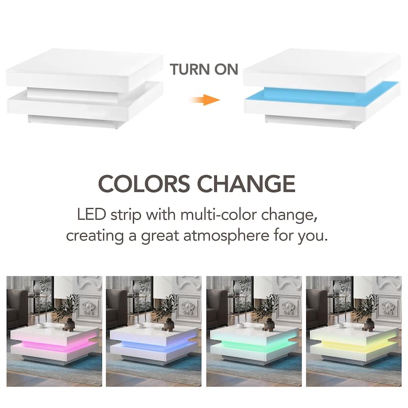 High Gloss Minimalist Design with LED Lights, 2-Tier Square Coffee Table, Center Table for Living Room