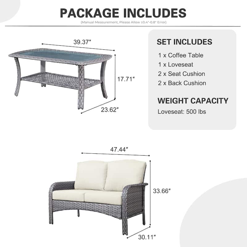 XIZZI 2-piece Outdoor Furniture Wicker Loveseat Sofa Set with Coffee Table