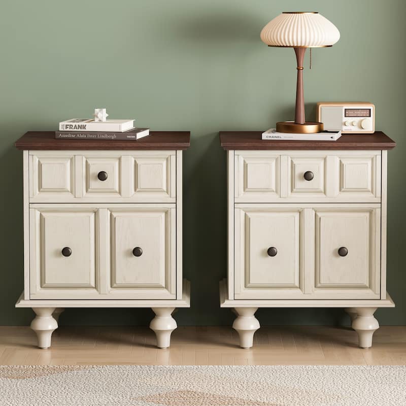 Vintage Nightstand with 2 Drawers and Roman Column Legs, Solid Wood Bedside End Table(Set of 2) - White