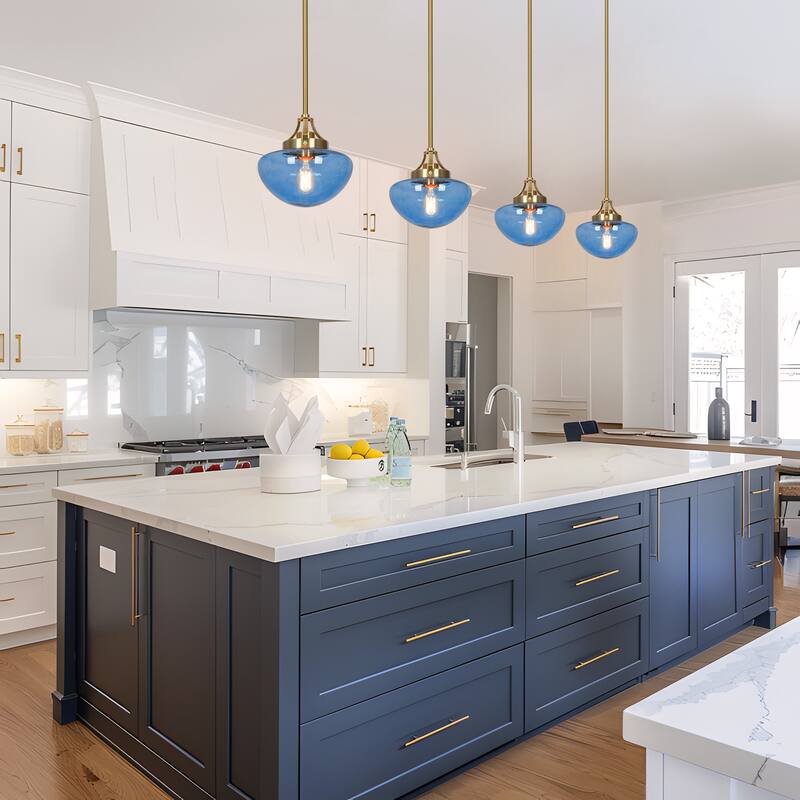 Modern Contemporary 1-Light Gold Kitchen Island Blue Schoolhouse Glass Pendant Lights for Dining Room - 8.5" Dia x 9" H