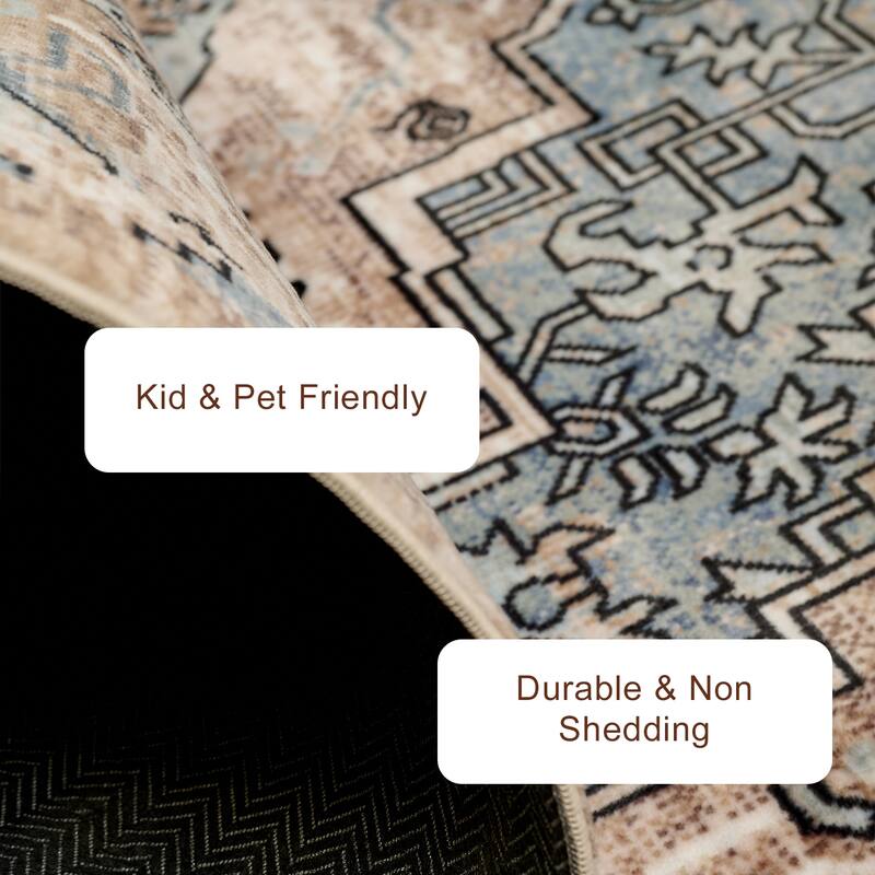 ECARPETGALLERY Esmira Traditional Machine Washable Blue & Beige Area Rug