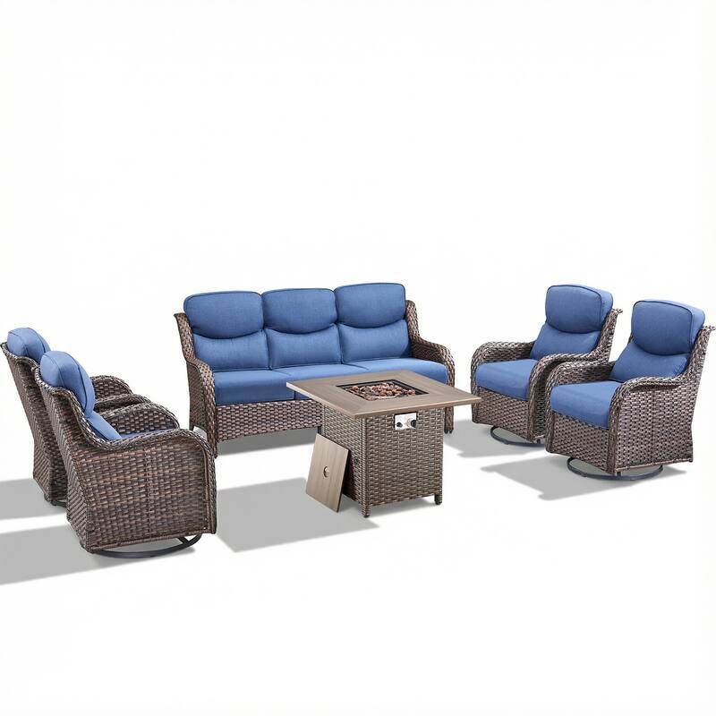 Pocassy Outdoor Propane Fire Table w/ Sofa Swivel Chair Ottoman Funiture Set.