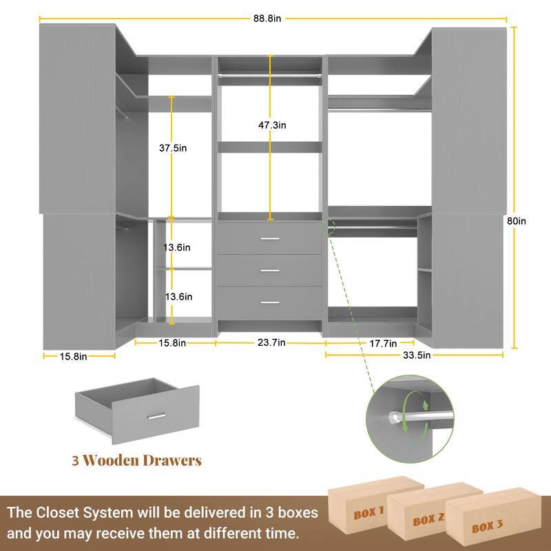 Cimly Set of 3 Closet Organizer with Drawers, U Shaped Freestanding Closet System