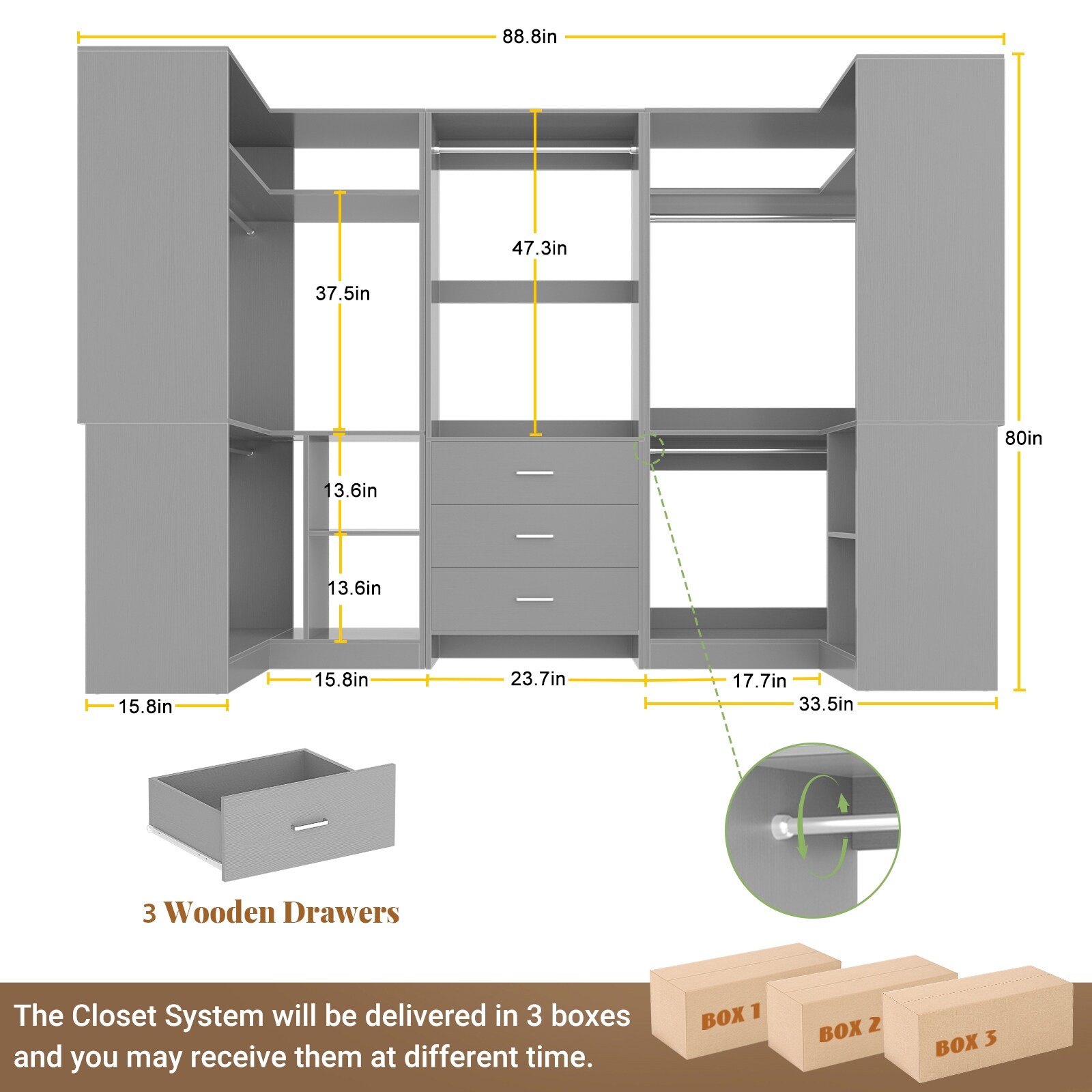 Cimly Set of 3 Closet Organizer with Drawers, U Shaped